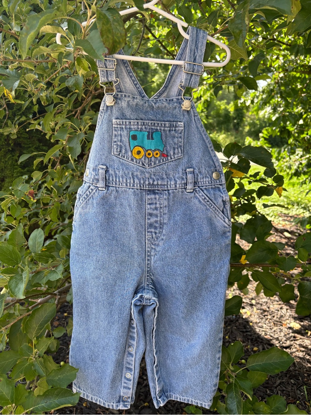 Old Navy Light Blue Denim Overalls with Train Appliqué